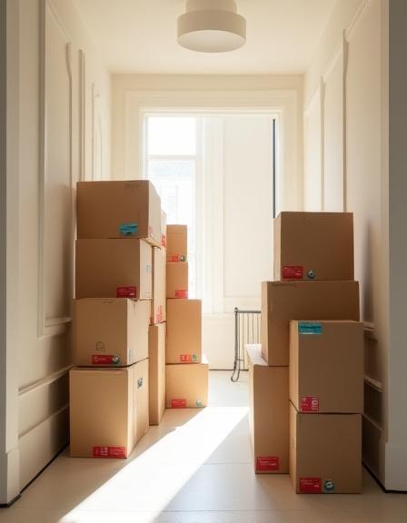 Stacked moving boxes with clear labels in a modern hallway