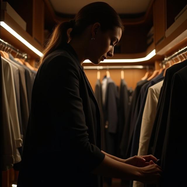 Professional organizer working in a high-end walk-in closet