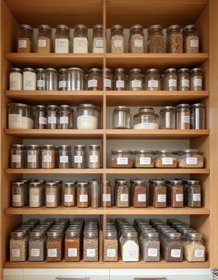 Organized kitchen pantry with uniform glass jars