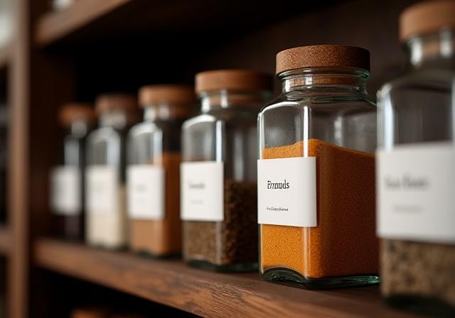 Modern minimalist kitchen pantry with glass jars